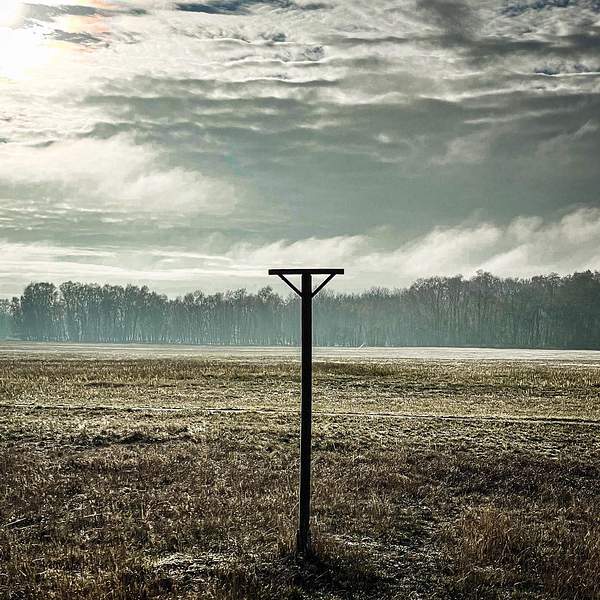 A solitary wooden post stands like a silent sentinel in a misty field under a turbulent - cloud‑laden sky. The wide‑open landscape and muted tones evoke the raw intensity of an Amenra album cover - conjuring themes of solitude and existential longing. (Hamburg, Boberger Dünen)