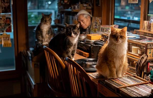 Three cats sit on a wooden counter surrounded by vinyl records and CDs in a cozy, dimly lit jazz bar. An elderly man is seen in the background, seemingly lost in the music.